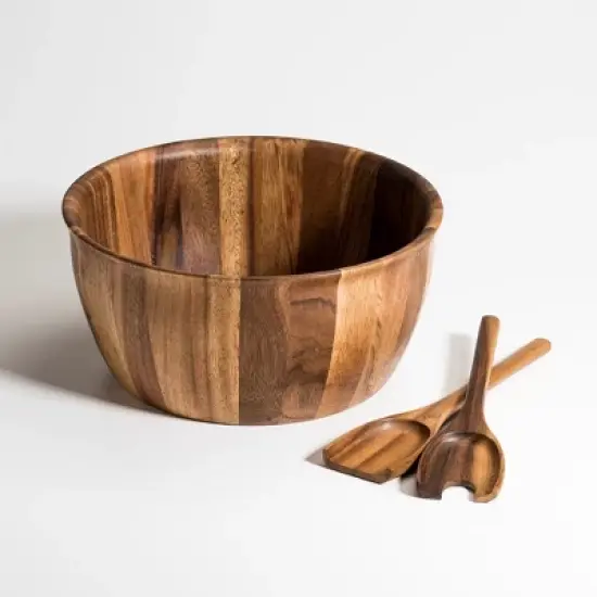 Kalmar Home Natural Acacia Wood Salad Bowl Set with Servers &ndash; Extra Large 13"x 6" Wide  Bowl for Entertaining image {3}