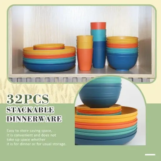 Itopfox Wheat Straw Dinnerware Set of 32, Unbreakable Plates and Bowls for 8, Dishwasher Safe for Kitchen and Camping, Vibrant Series image {4}
