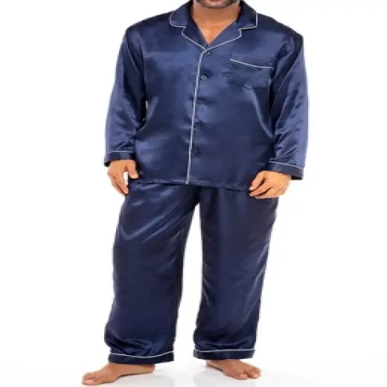 Men's Classic Satin Pajamas Lounge Set, Long Sleeve Top and Pants with Pockets, Silk like PJs with Matching Sleep Mask image {6}