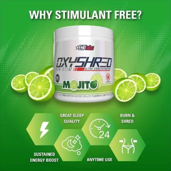 EHPlabs OxyShred Non Stimulant Pre Workout Powder & Fat Burner - Caffeine & Sugar Free Preworkout Energy Powder - Mojito, 60 Servings image {3}