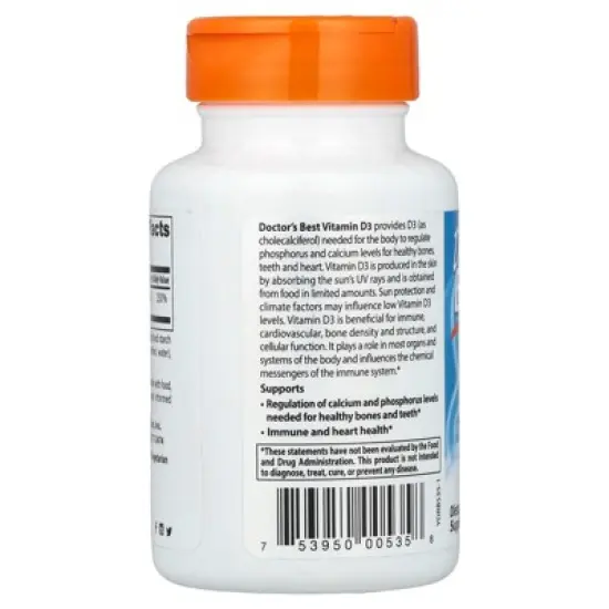 Doctor's Best Vitamin D3, 50 mcg (2,000 IU), 180 Veggie Softgels image {2}