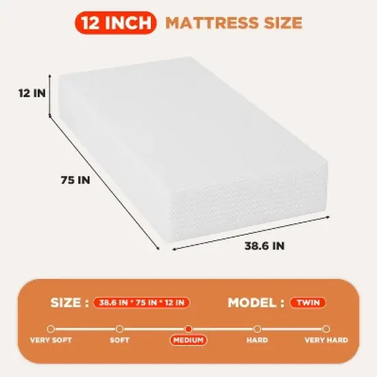 FDW 12 inch Bamboo Charcoal Memory Foam Mattress Cooling Gel CertiPUR-US Certified Breathable Bed Mattress for Cooler Sleep,White image {6}