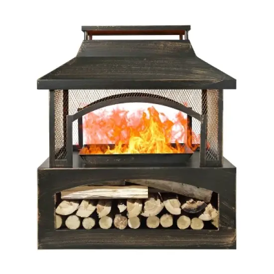 WELLFOR 37" Rectangular Metal Outdoor Fireplace with Built-in Log Storage Bronze image {22}