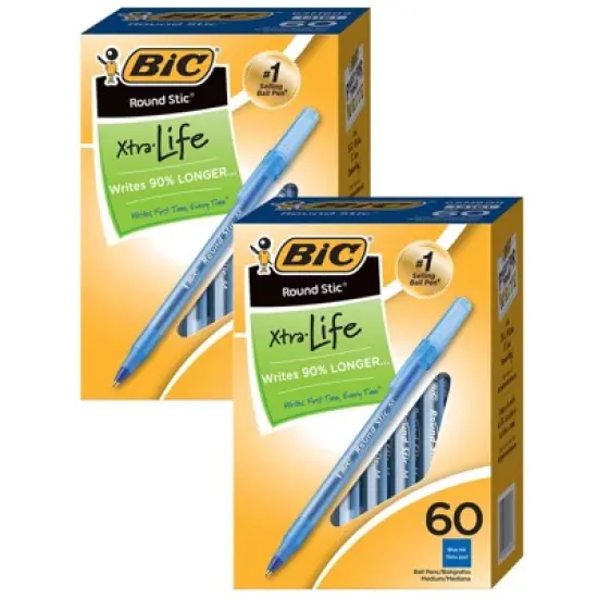 Bic Round Stic Xtra Life Ball Pen, Blue, 60 Per Pack, 2 Packs image {1}