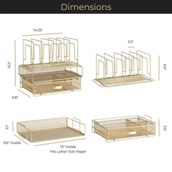 Blu Monaco Gold Desk Organizer - Includes Detachable File Organizer, Stackable Paper Tray & Drawer, Office Supplies for Desk image {5}