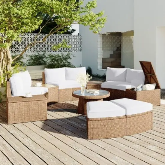 10-Piece Half Round Patio Rattan Sofa Set,PE Wicker Outdoor Sectional with Cushions,Storage Stools And Coffee Table-Maison Boucle image {9}