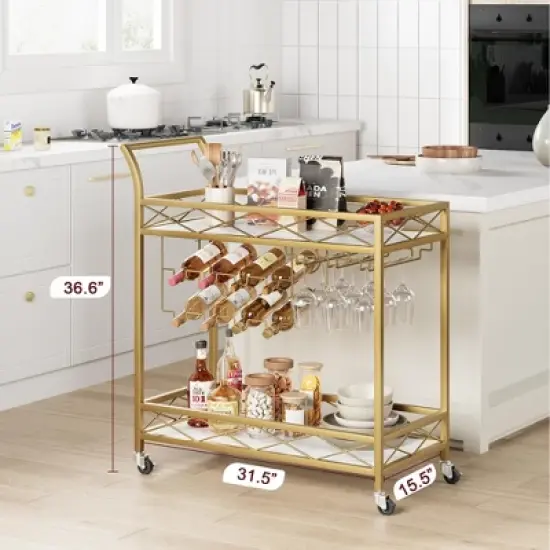 Gold Bar Carts with 2-Tiers Storage Shelves&pound;&not;Mobile Kitchen Seving Carts on Wheels image {4}