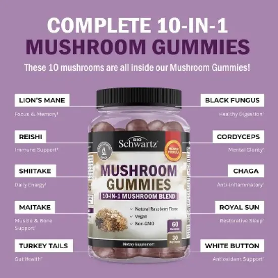 Mushroom Gummies for Adults, 10in1 Mushroom Supplement for Mood and Focus with Lions Mane, Turkey Tail, & More, Raspberry Flavor, Bioschwartz, 60ct image {3}
