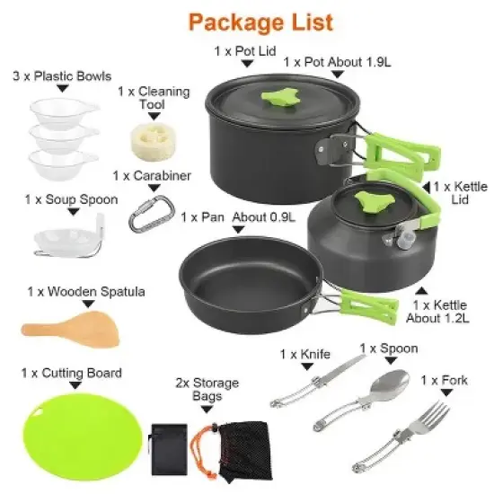16Pcs Camping Cooking Ware Set Camping Stove Cookware Kit Aluminum Pot Pan Kettle Set with Bowls Knife Fork Spoon Carabiner Spatula Cutting Board image {2}