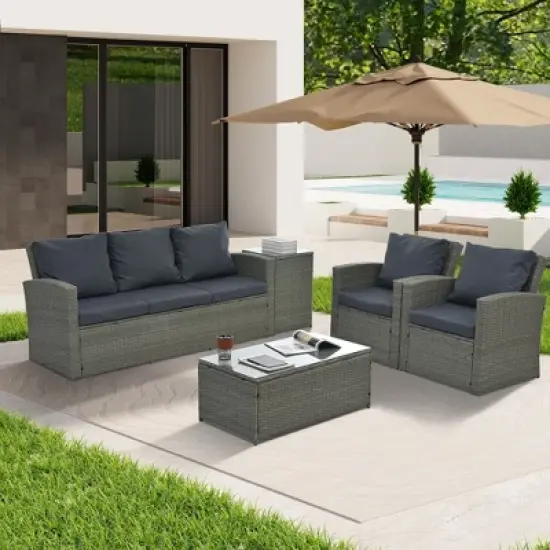 Patio Furniture, Outdoor Furniture, Seasonal PE Wicker Furniture,5 Set Wicker Furniture With Tempered Glass Table Top image {4}