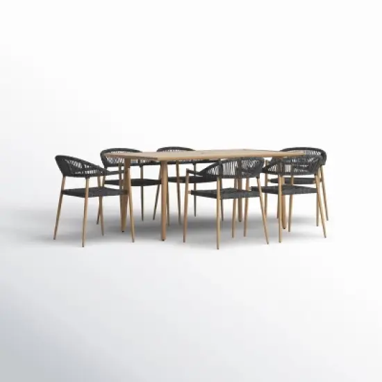 Rectangular Planked Wood Outdoor Dining Set：7-Piece Mesh Weave Chair Patio Furniture image {7}