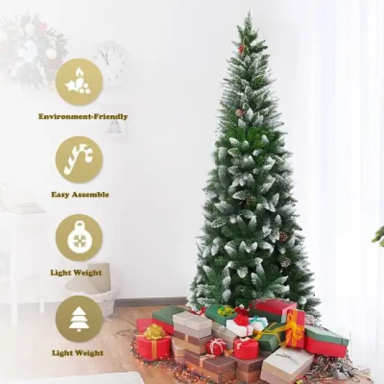 Costway 7.5ft Snow Flocked Pencil Christmas Tree Hinged Pine Cones image {6}