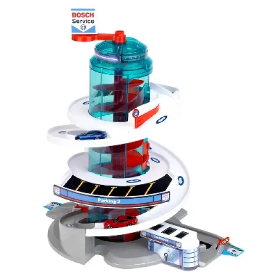Theo Klein Bosch Car Service Helix Shaped Multi Story Parking Garage Pretend Playset Toy with 2 Toy Cars for Kids Aged 3 and Up image {2}