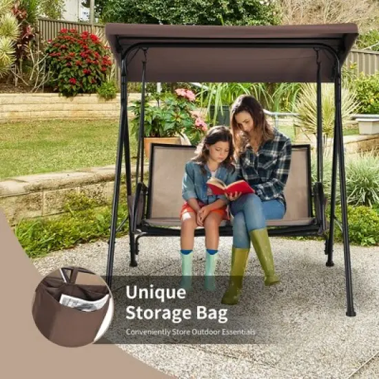 Costway 2 Seat Patio Porch Swing with Adjustable Canopy Storage Pockets  Brown image {3}