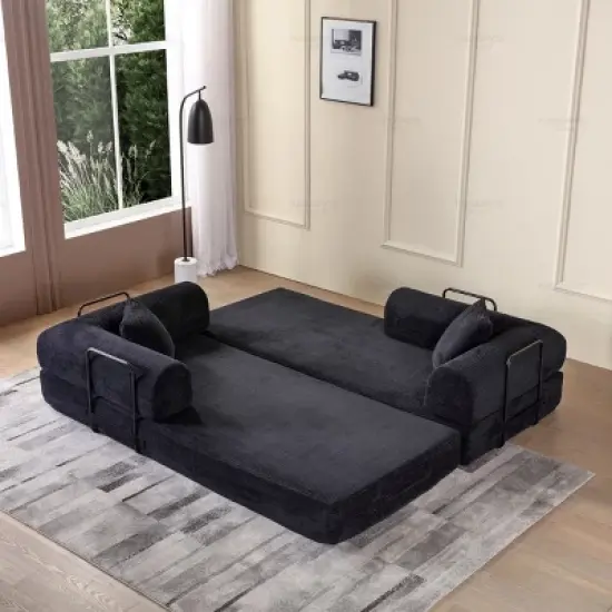 Convertible Sofa Couch with Cylindrical Pillows, Corduroy Folding Floor Sofa with Fixed-Shape Frame for Living Room-Maison Boucle image {1}