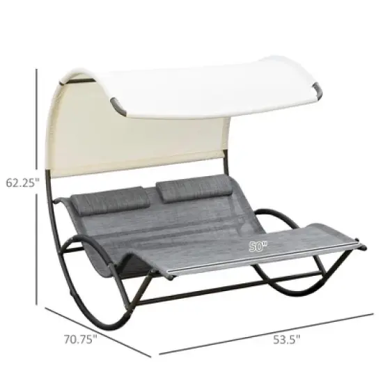Resenkos Outdoor Double Chaise Rocking Chair, Day Bed Sun Lounger with Canopy Shade, Headrest Pillow, Armrests, Light Gray image {9}