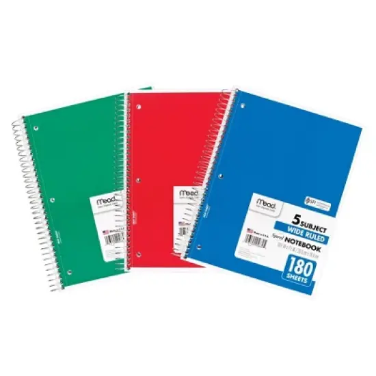Mead&reg; Spiral 5 Subject Notebook, Wide Ruled, 180 Sheets Per Book, Pack of 3 image {1}