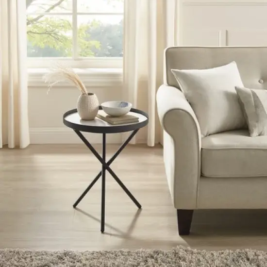 Modern Minimalist Intersecting Tripod Leg Side Table Black/Faux White Marble - Saracina Home image {3}
