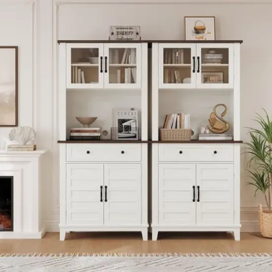 Set of 2 Tall Storage Cabinet, Freestanding Kitchen Pantry Organizer with Drawer & Adjustable Shelves, Bathroom Cabinet for Dining Room image {8}