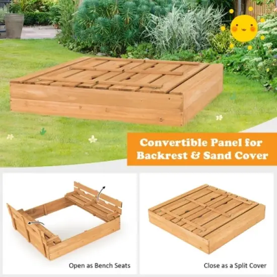 Costway Kids Large Wooden Sandbox w/Cover 2 Convertible Bench Seats for Outdoor Play image {6}