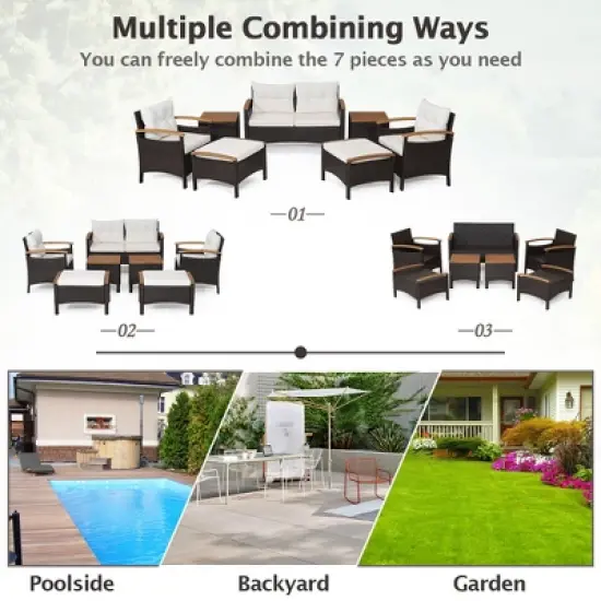Costway 7PCS Patio Rattan Furniture Set Cushion Armrest Loveseat Ottoman Table image {4}