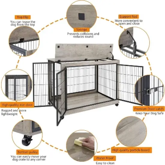 Acekool Furniture Dog Crate - Mobile Side Table Kennel with Lift Top & Wheels image {3}