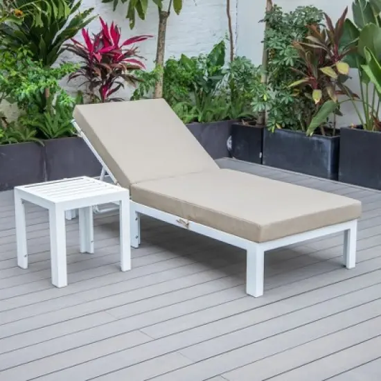 LeisureMod Chelsea Modern Outdoor Chaise Lounge Chair in White Frame with Side Table &ndash; Patio, Poolside, Balcony, and Garden Seating for Outdoor Spaces image {2}