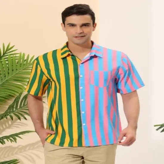 Lars Amadeus Men's Summer Button Down Contrast Color Vertical Stripes Patchwork Shirts image {1}