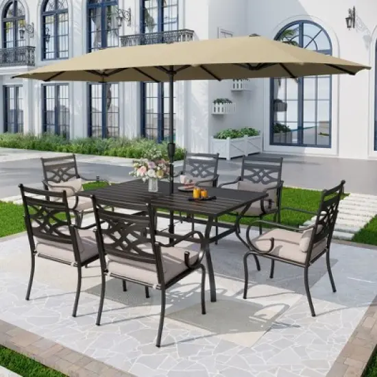 Captiva Designs 8Pc Outdoor Steel Rectangle Dining Table & Cushioned Metal Chairs & Market Umbrella image {15}