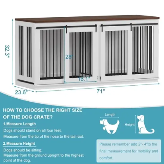 71inch Dual Dog Crate Furniture - Heavy Duty Wooden Kennel w/Sliding Barn Doors & Divider, TV Stand for Large Breeds image {6}