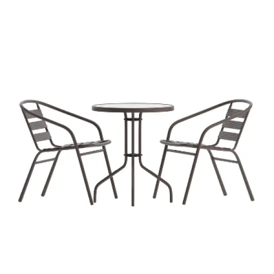 Emma and Oliver 23.75'' Round Glass Top Metal Table with 2 Aluminum Slat Stack Chairs image {13}
