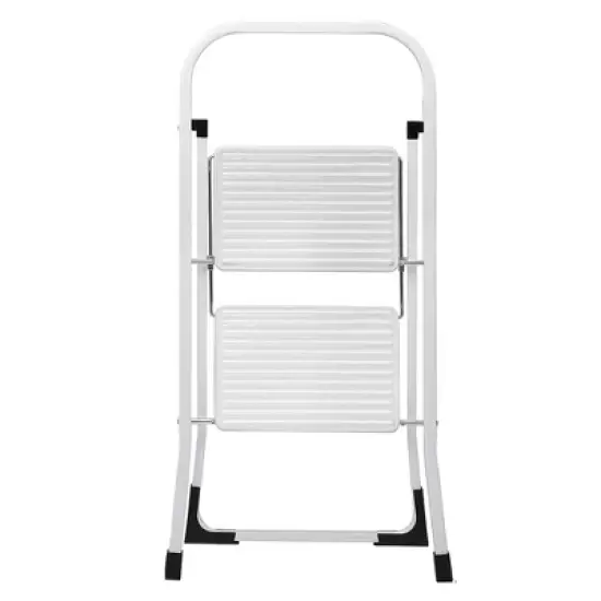 Delxo Portable Collapsible Lightweight Alloy Steel 2-Step Stool Stepladder with Wide Pedestal, Hand Grip and Locking Mechanism, White image {2}