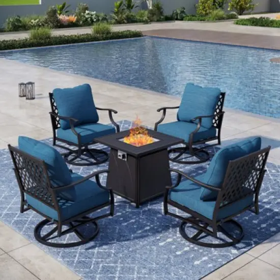 Captiva Designs 5pc Metal Patio Outdoor Conversation Fire Pit Set with Swivel Grid-back Armchairs for Garden, Poolside, Backyard image {13}