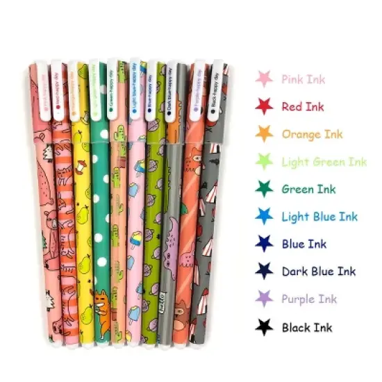 Wrapables Cute Novelty Gel Ink Pens, 0.5mm Fine Point (Set of 10) for School, Office, Stationery, Cartoon Animal Multicolor Ink image {2}
