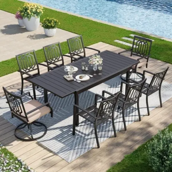 Captiva Designs 9pc Patio Slat-top Adjustable Steel Rectangle Dining Table & Black Metal Chairs image {15}