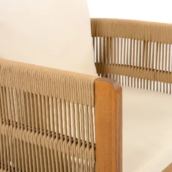 Christopher Knight Home Corin Elara 5 Piece Patio Acacia Wood Woven Rope Dining Set with Slatted Table and Cushions image {7}