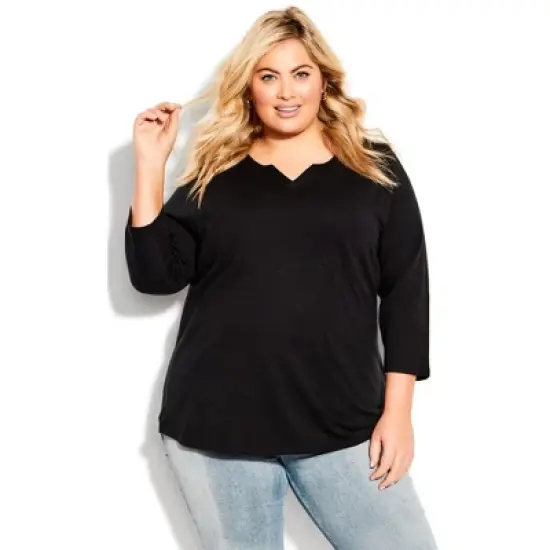 Women's Plus Size Notch Neck 3/4 Sleeve Plain Tee - black | AVENUE image {5}