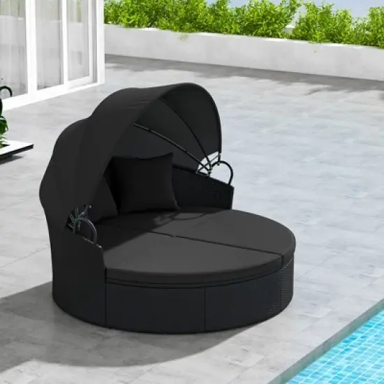 Tangkula Patio Round Daybed Wicker Daybed w/ Retractable Canopy Separated Seating Sectional Sofa image {3}