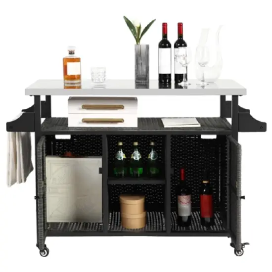 Outdoor Wicker Bar Cart, Island Rolling Cart with Stainless Steel Top, Patio Serving Cart, Beverage Bar Counter Table for Backyard Garden Grey image {3}