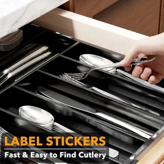 Bamboo Silverware Drawer Organizer with Labels, Expandable(Black, 10 Slots) image {5}