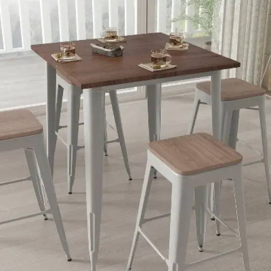Merrick Lane 5 Piece Bar Table and Stools Set with 31.5" Square Silver Metal Table with Wood Top and 4 Matching Bar Stools image {2}