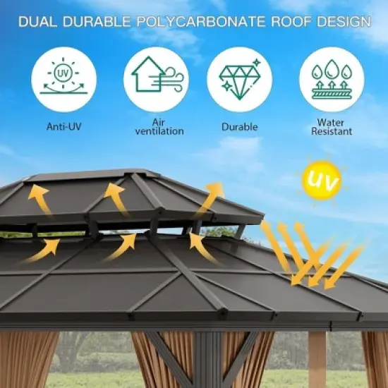 Hardtop Gazebo Outdoor Double Roof Canopy with Curtains & Netting image {2}