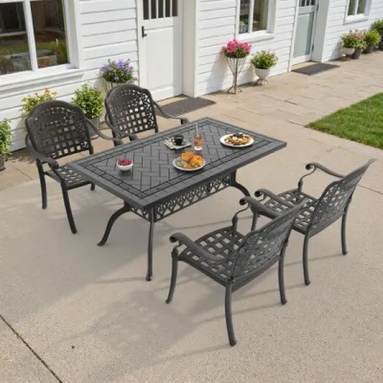 5-Piece Durable Cast Aluminum Outdoor Dining Set - Rectangle Table & Stackable Chairs Comfortable Blue Cushions - Perfect Patio & Backyard Furniture image {1}
