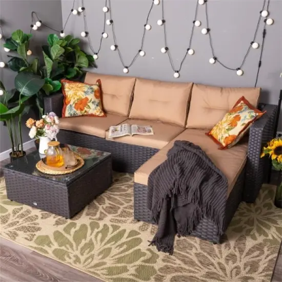 3pc Steel & Wicker Outdoor Conversation Set with Square Coffee Table & Cushions - Captiva Designs
 image {1}