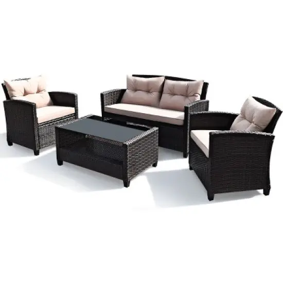 Costway 4PCS Outdoor Rattan Furniture Set Cushioned Sofa Armrest Table image {9}