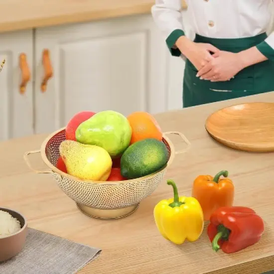 Gold Strainer for Kitchen, 3QT, Stainless Steel Colander with Handle for Fruits Vegetables Cooking Food, Dishwasher Safe image {5}