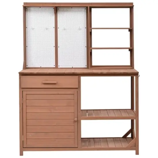 Garden Potting Bench Table Outdoor Patio Workstation with Drawer, Shelves, Cabinet, Pegboard with Hooks, Fir Wood Frame,Natural/White/Brown-ModernLuxe image {6}
