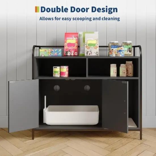 Nasitip Hidden Cat Litter Box Enclosure with Metal Frame & Storage Shelves, Modern Side Table Cat House, White/Black image {1}