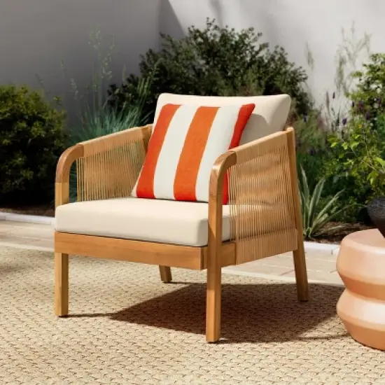 Christopher Knight Home Allerton Outdoor Acacia Wood and Wicker Club Chair with Cushions, Teak and Beige image {3}