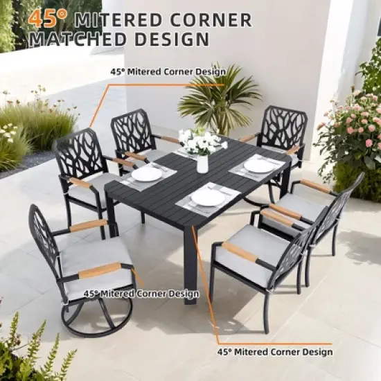 DOMETOUR 7Pcs Outdoor Patio Aluminum Dining Set, with 4 Dining Chairs & 2 Swivel Rockers, Branch-Like Backrest, Table with Umbrella Hole image {1}
